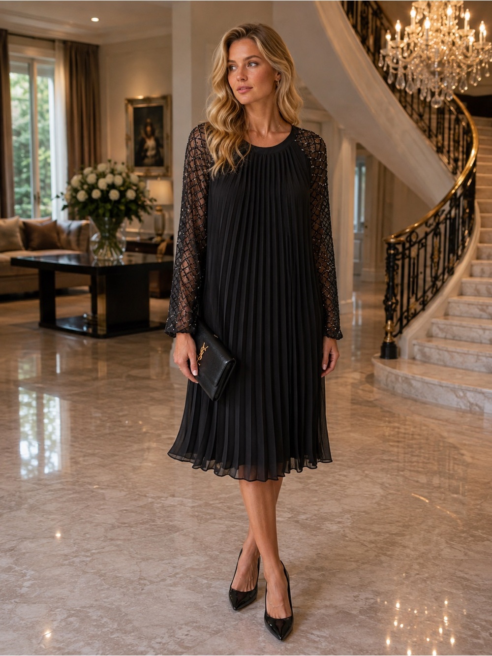 Elegant Black Pleated Long-Sleeve Dress maternity